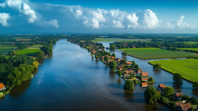 Netherlands gelderland zaltbommel view of river waal flooding surrounding land after prolonged rainfall : Generative AI
