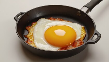 Fried egg close up on white plate.