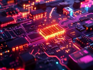 Obraz premium Luminous Circuit Board with Pulsating AI Driven Neural Network at Its Core