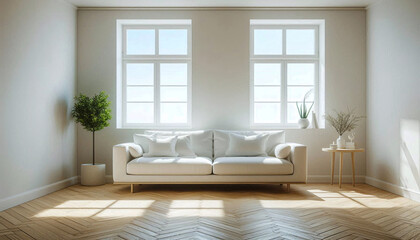 Frame mockup in modern white living room interior, living room featuring minimalist decor and large window