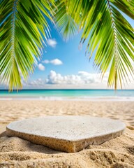 stone podium in sea beach, palm tree sea beach, product podium