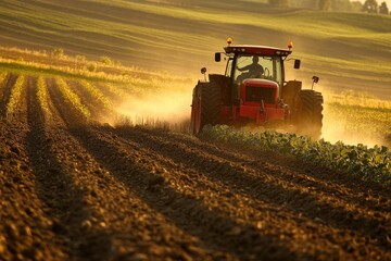 Obraz premium A red tractor is driving through a field of crops