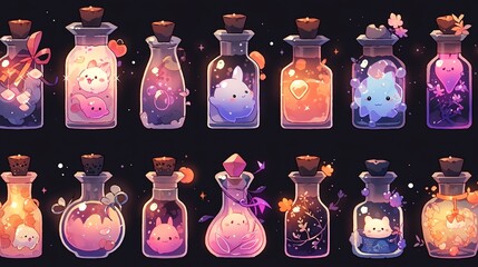 A collection of magical potion bottles filled with whimsical liquids, perfect for fantasy art and enchanting designs.