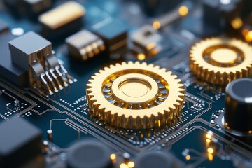 Close-up of gears on a circuit board, with a glowing gold and black color theme