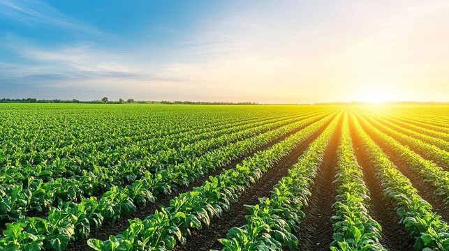 Sustainable organic farming methods, rows of green crops under the sunrise, showcasing eco-friendly agriculture