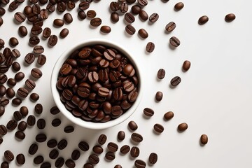 Obraz premium Top View of Scattered Coffee Beans on Clean White Background