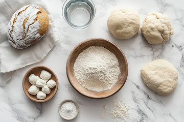 Fototapeta premium An array of baking ingredients including flour, water, and dough on a marble surface ready for preparation.