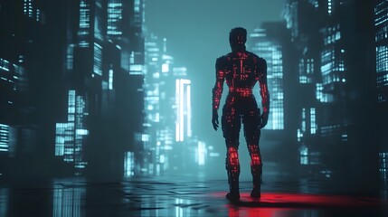 Towering Human Silhouette in Sleek AI Powered Exoskeleton with Glowing Metallic Accents and Cybernetic Precision