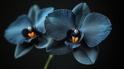 Close-up of dark blue orchids showcasing intricate details.