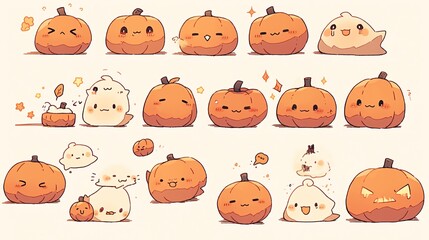 Fototapeta premium A fun collection of cute pumpkin and ghost characters, perfect for Halloween-themed art or designs.