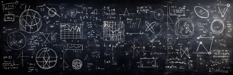 Blackboard Background Filled with Mathematical Equations and Geometric Symbols Conveying Science and Technology