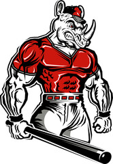 muscular rhino mascot holding baseball bat for school, college or league sports
