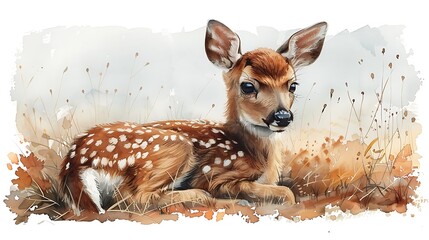 Watercolor painting of a fawn lying down in a field of tall grass.