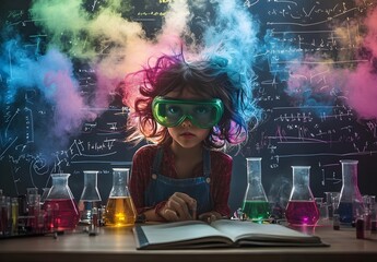 Inquisitive Girl Surrounded by Vibrant Science Experiment in Laboratory Setting