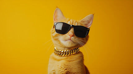 Close-up of a cat wearing sunglasses and a cool necklace, creative animals