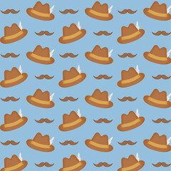 Oktoberfest seamless pattern for gift bag. Brown hunter hat with feather and moustache on blue background. Print for packaging and wrapping paper. Vector cartoon illustration. Ornament for wallpaper.