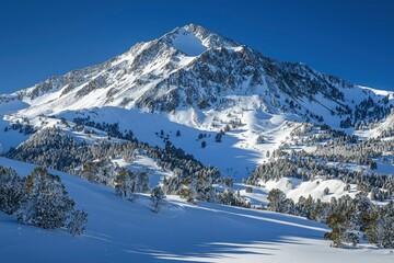 Snowy Mountain Peak with Pine Trees and Ski Runs