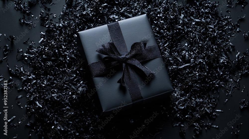 Poster black gift box with shredded paper on a black background top view : generative ai