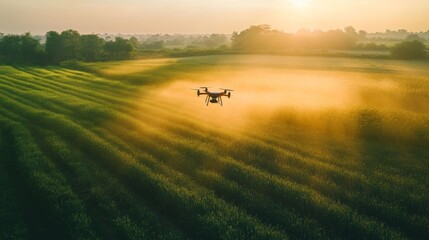 Fototapeta premium Drone Flying Over Lush Green Agricultural Fields at Sunrise Capturing Aerial Landscape Photography