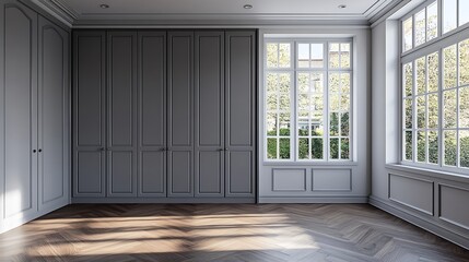 Fototapeta premium Nice room with large window pine wood floors and builtin wardrobes with gray doors : Generative AI
