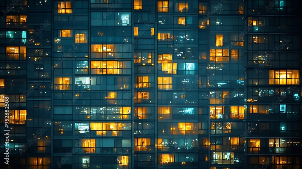 Poster big glowing and blinking windows in modern office and residential building at night in rows of windo
