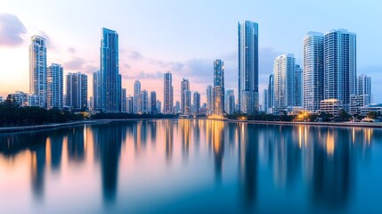 Fototapeta premium Cityscape Reflection, Blue Hour Skyscrapers