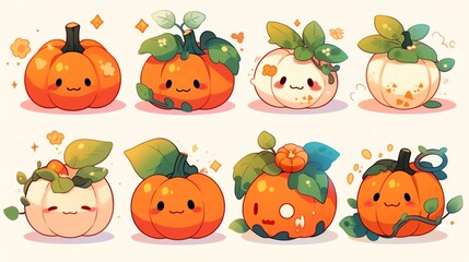 A cute collection of illustrated pumpkins with playful expressions and vibrant colors, perfect for autumn-themed designs.