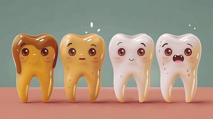 Four cartoon teeth with different levels of cleanliness.