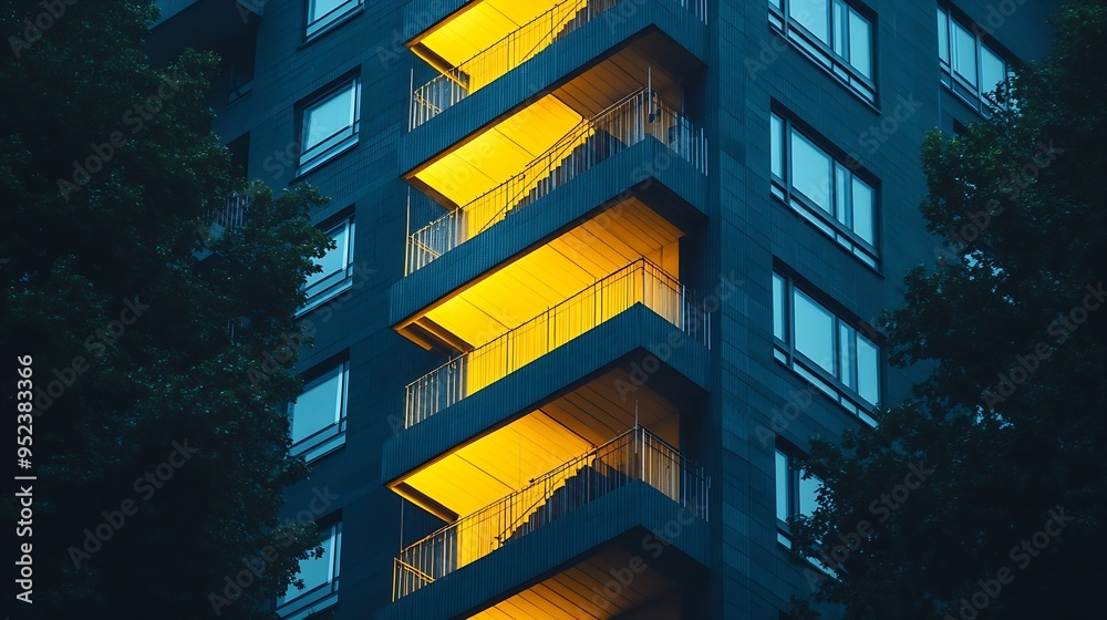 Aufkleber A building with a staircase and windows lit up in yellow The building is tall and has a modern design : Generative AI