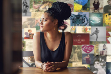 Fototapeta premium Relax, thinking and woman at table in cafe for morning enjoyment, reflection and break on weekend. Pensive, female person and calm with memory at restaurant for vacation, peace and idea on holiday