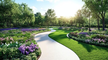 Peaceful garden bathed in the warm light of dawn, long shadows, birds beginning to stir, trees in silhouette