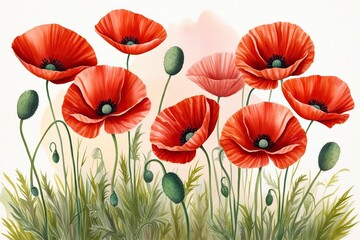 Obraz premium Vibrant Red Poppies in Soft Pastel Watercolor Representing Remembrance and Tribute