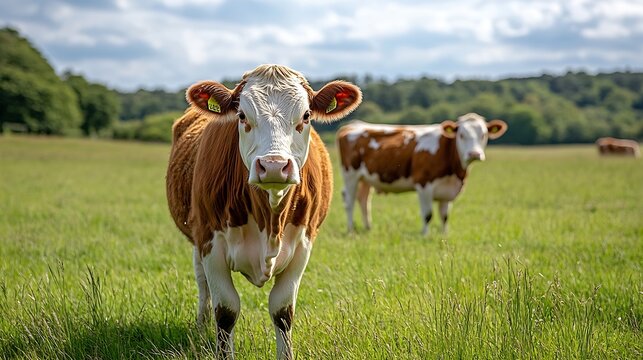 Stud beef hereford cows in a field on a farm in England English cattle in a meadow grazing on pasture in springtime Green grass growing in a paddock on a sustainable agricultural ranch : Generative AI
