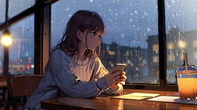 Girl holding mobile phone in cafe at night with rainy atmosphere, Anime or cartoon style. Seamless 4K looping timelapse video animation background