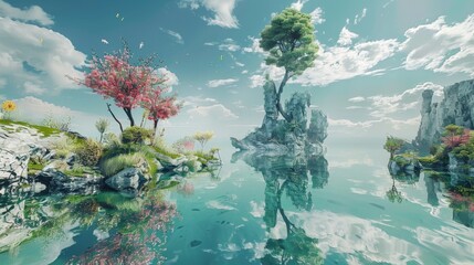 Naklejka premium A serene landscape featuring vibrant trees, calm water, and reflective rocks under a bright sky, perfect for nature enthusiasts.