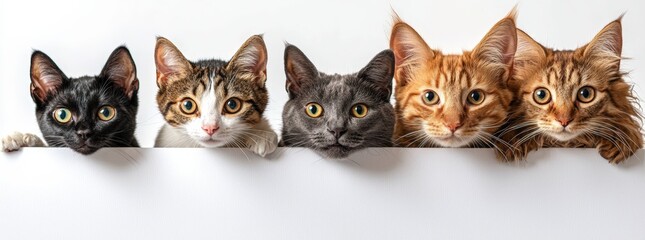 Five curious cats peek over.