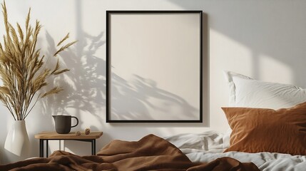 Vertical black picture frame mockup Retro wooden mahogany bedside table cup of coffee Beige linen throw brown velvet pillow in bed White wall background Scandinavian bedroom elegant in : Generative AI