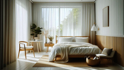 Fototapeta premium Bedroom with modern decor and large windows in a tranquil setting during the morning light