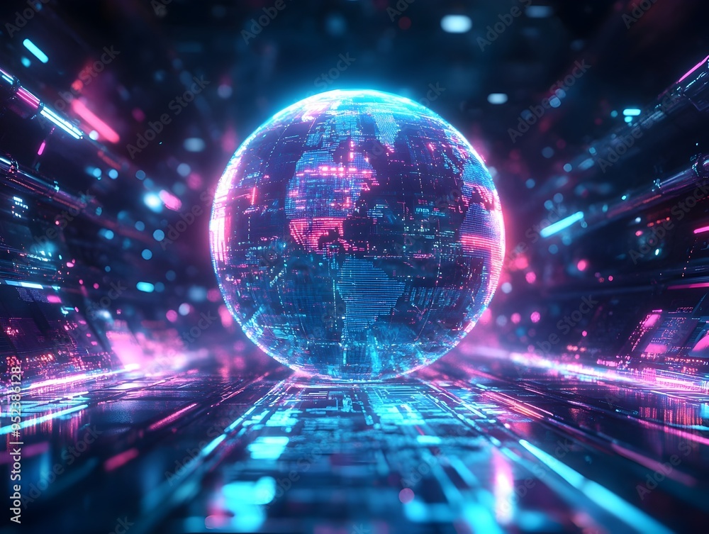 Poster glowing ai powered globe with digital data streams symbolizing global connectivity