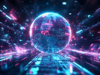 Glowing AI Powered Globe with Digital Data Streams Symbolizing Global Connectivity