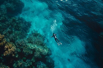 Fototapeta premium A serene view of a diver exploring vibrant coral reefs beneath crystal-clear waters.