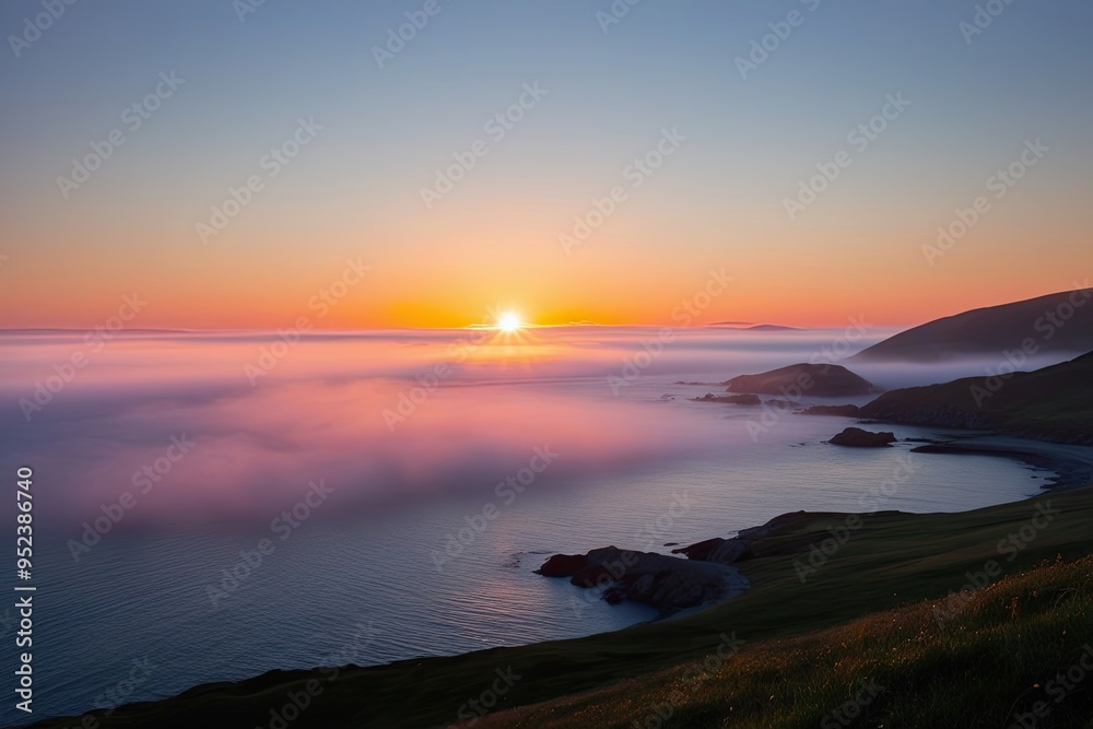 Wall mural stunning sunrise over serene coastline with misty atmosphere and calm sky