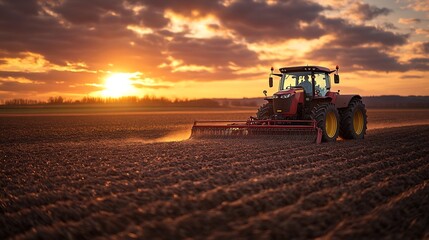 a tractor in a field plows the ground at dawn sowing grain sunset sunrise High quality photo : Generative AI