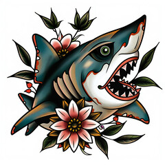 Shark head flower very simple traditional tattoo flash styles illustration