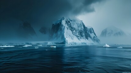 Naklejka premium Melting Glacier with Cascading Ice into the Arctic Ocean under Dark Cloudy Skies