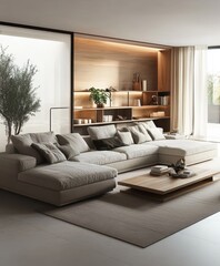 stylish modern living room interior, cozy sectional sofa and chaise lounge set in gray and beige tones, wooden accent wall with built-in shelves and cabinets, floor-to-ceiling windows with sheer curta