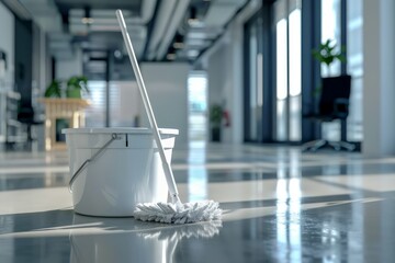 A bucket with a mop on the floor in an empty office. Cleaning concept 