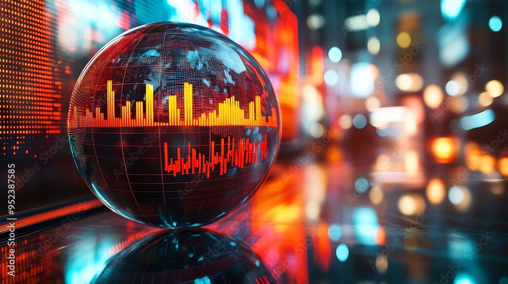 Aufkleber Reflection of financial numbers and graph on glass globe : Generative AI