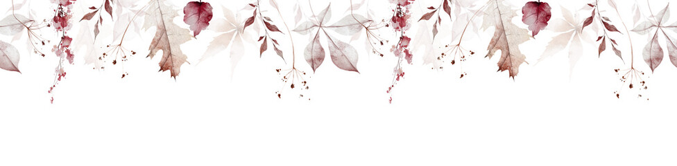 Watercolor painted autumn seamless border frame. Orange, pink and gray fall dry leaves, wild branches and twigs, red flowers. Hand drawn illustration. Watercolour artistic template design.