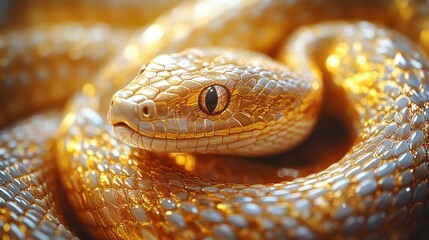 Fototapeta premium 3D abstract background with tangled golden metallic snakes moving, shiny scales texture in macro, looping vertical video continuous sequence